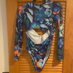 OP Floral Long Sleeve One Piece Swimsuit - Blues and Orange Large